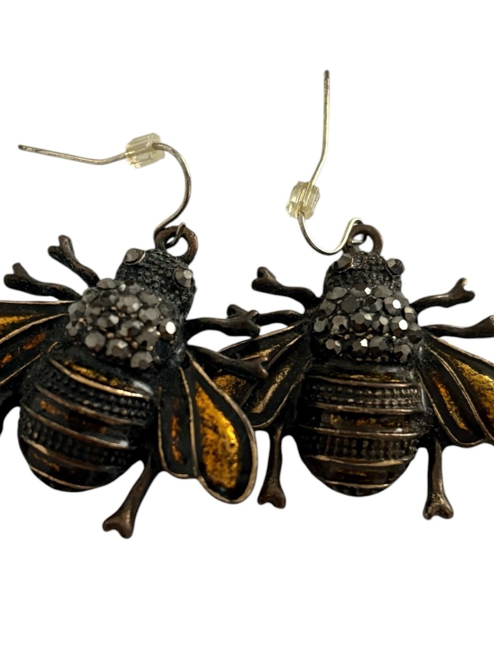 antique brass bee charm earrings on hook wires